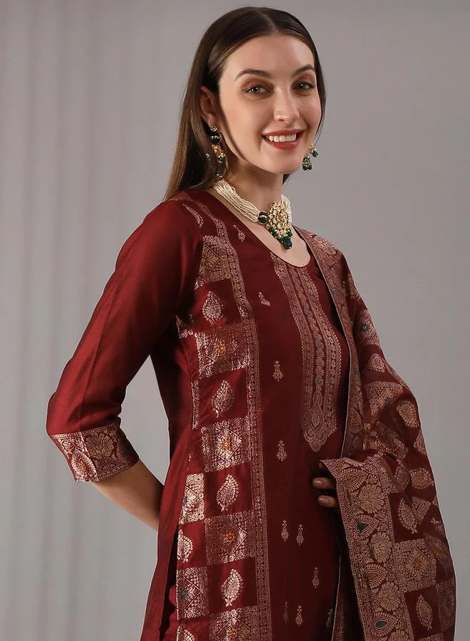 Globus  Women Maroon Ethnic Print Embroidered Straight Kurta with Pant and Dupatta Set for Women | Best Price UAE